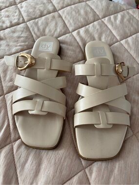 DV by Dolce Vita Cream Strappy Slide Mules with Gold Buckles
